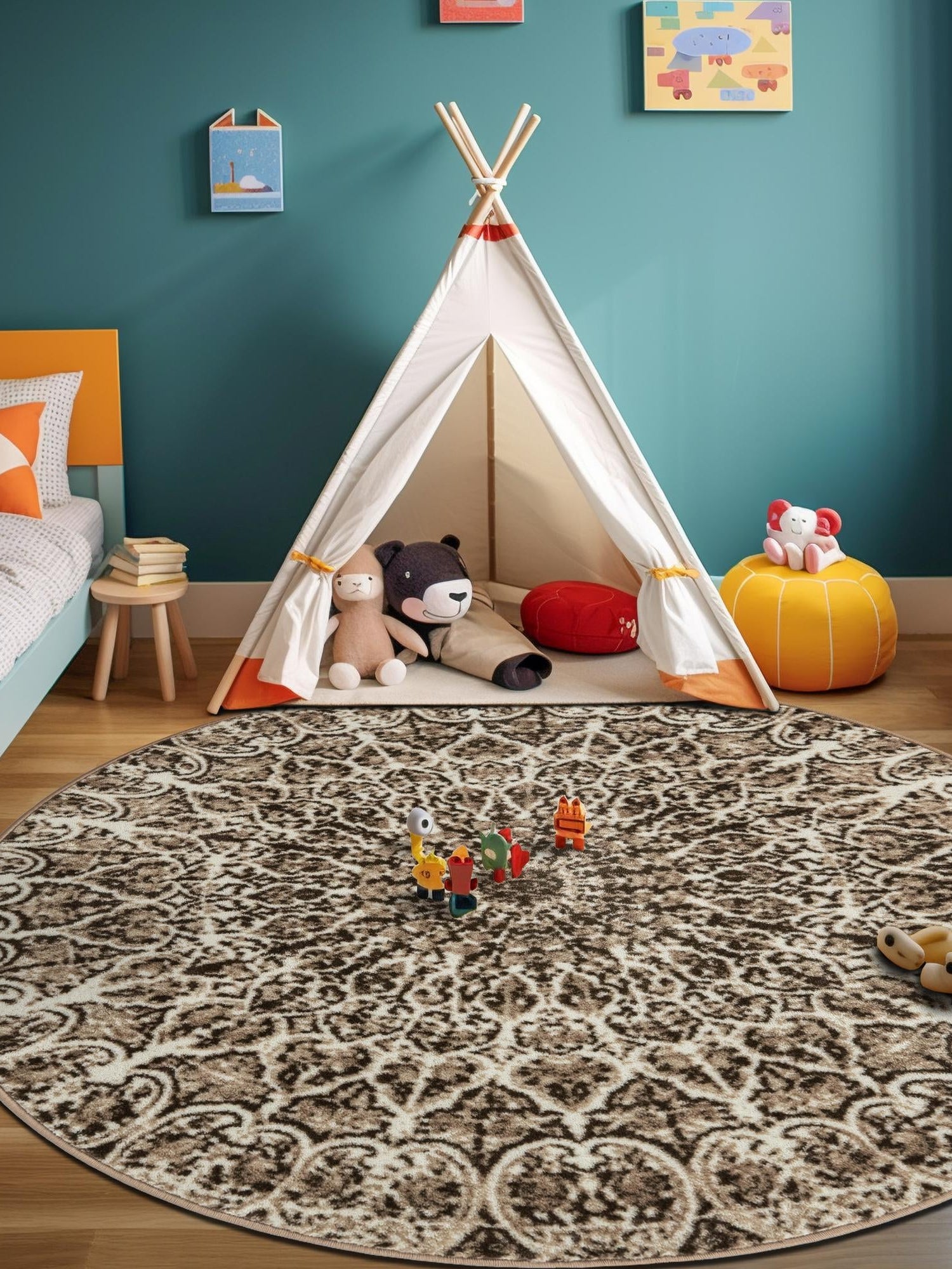 Brown 5' 3 x 5' 3 Sofia Round Area Rug Durable Easy Clean Stain Resistant Unique Carpet for Affordable Interior Home Design for Sale at Rug Engine