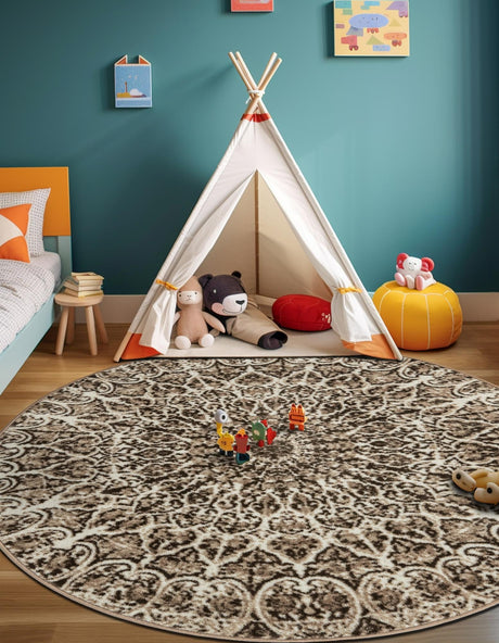 Brown 5' 3 x 5' 3 Sofia Round Area Rug Durable Easy Clean Stain Resistant Unique Carpet for Affordable Interior Home Design for Sale at Rug Engine