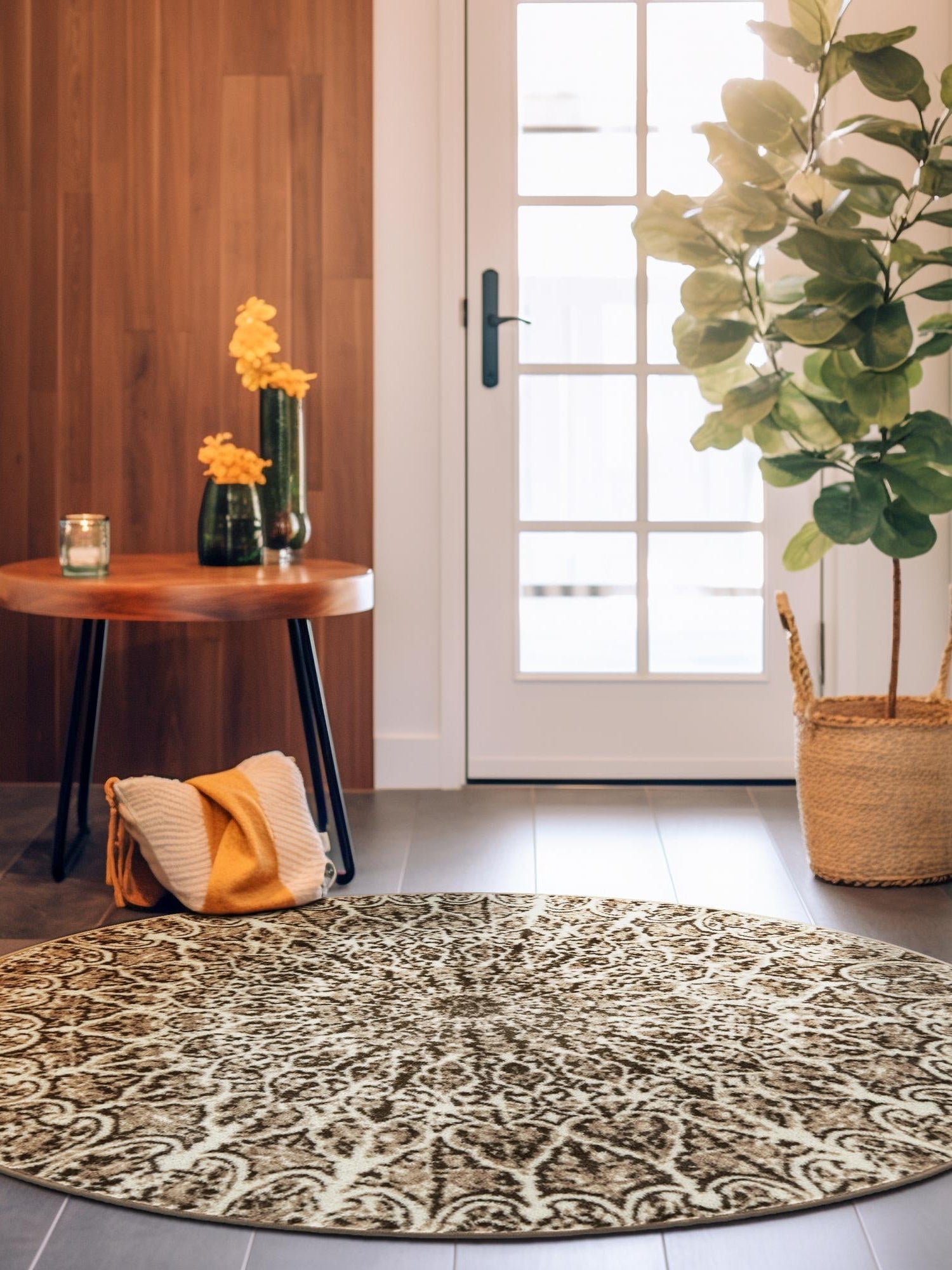 Brown 5' 3 x 5' 3 Sofia Round Area Rug Durable Easy Clean Stain Resistant Unique Carpet for Affordable Interior Home Design for Sale at Rug Engine