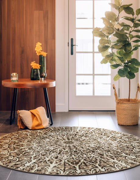 Brown 5' 3 x 5' 3 Sofia Round Area Rug Durable Easy Clean Stain Resistant Unique Carpet for Affordable Interior Home Design for Sale at Rug Engine