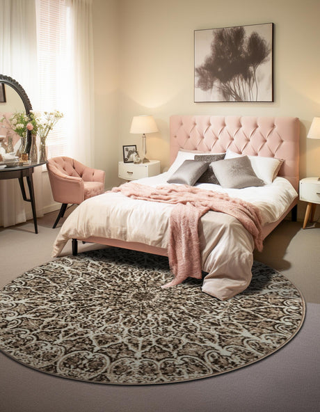 Brown 7' 1 x 7' 1 Sofia Round Area Rug Durable Easy Clean Stain Resistant Unique Carpet for Affordable Interior Home Design for Sale at Rug Engine