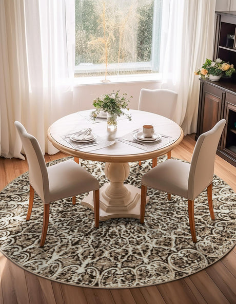 Brown 7' 1 x 7' 1 Sofia Round Area Rug Durable Easy Clean Stain Resistant Unique Carpet for Affordable Interior Home Design for Sale at Rug Engine