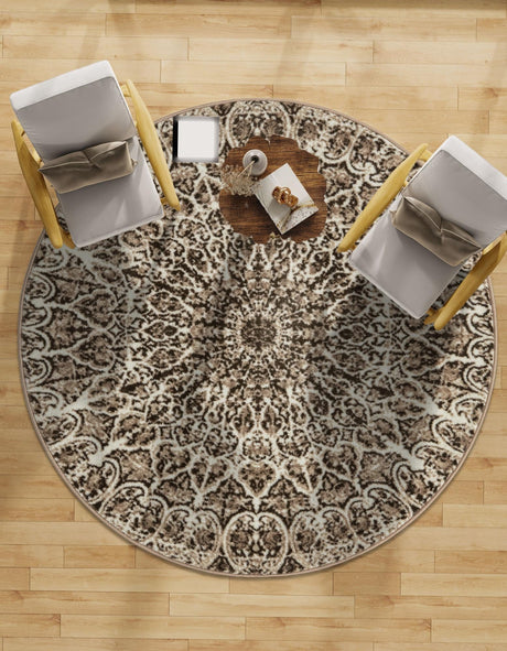 Brown 7' 1 x 7' 1 Sofia Round Area Rug Durable Easy Clean Stain Resistant Unique Carpet for Affordable Interior Home Design for Sale at Rug Engine