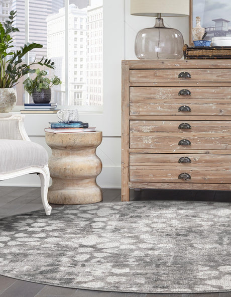 Dark Gray 7' 1 x 7' 1 Sofia Round Area Rug Durable Easy Clean Stain Resistant Unique Carpet for Affordable Interior Home Design for Sale at Rug Engine