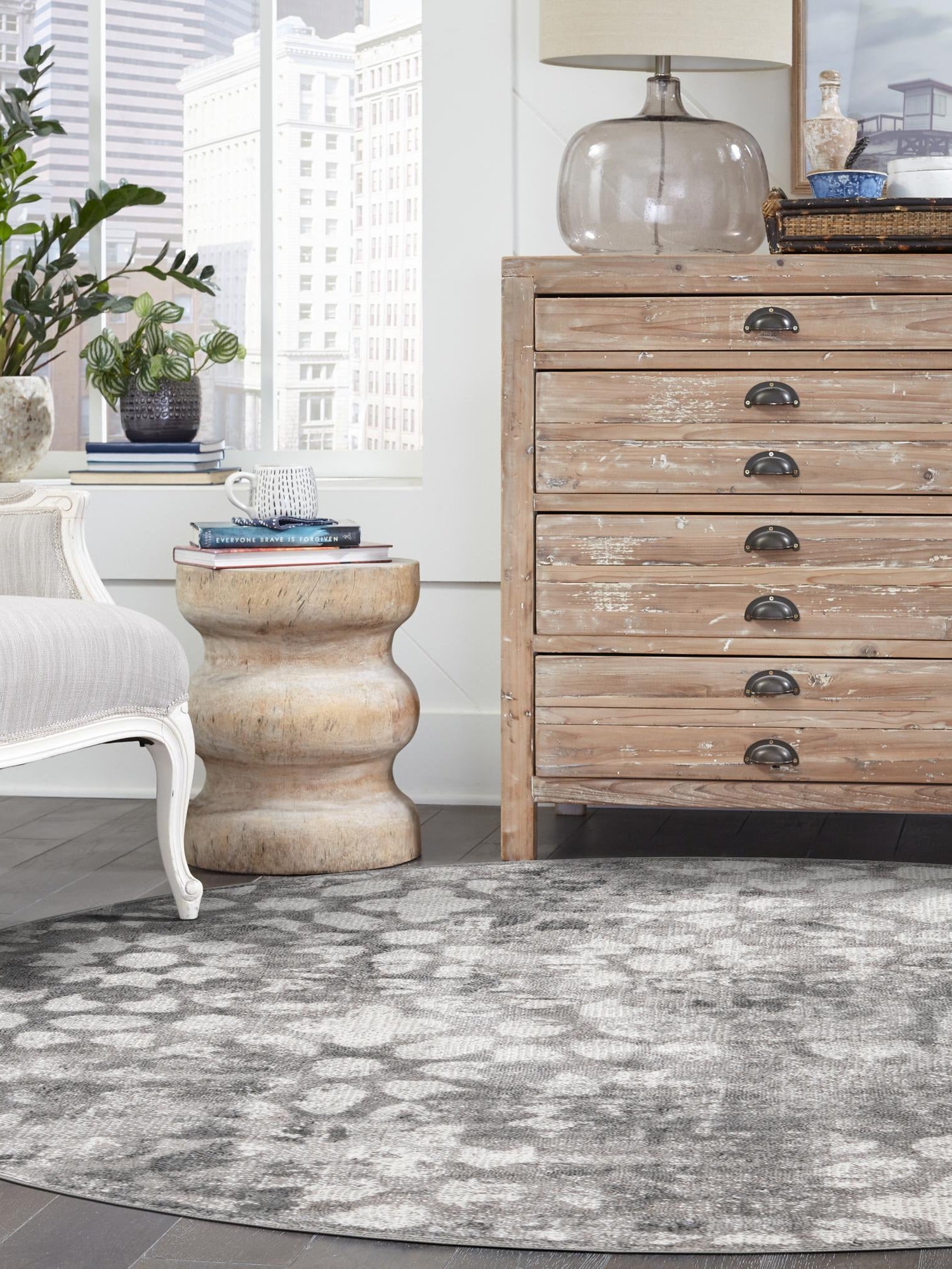 Dark Gray 5' 3 x 5' 3 Sofia Round Area Rug Durable Easy Clean Stain Resistant Unique Carpet for Affordable Interior Home Design for Sale at Rug Engine