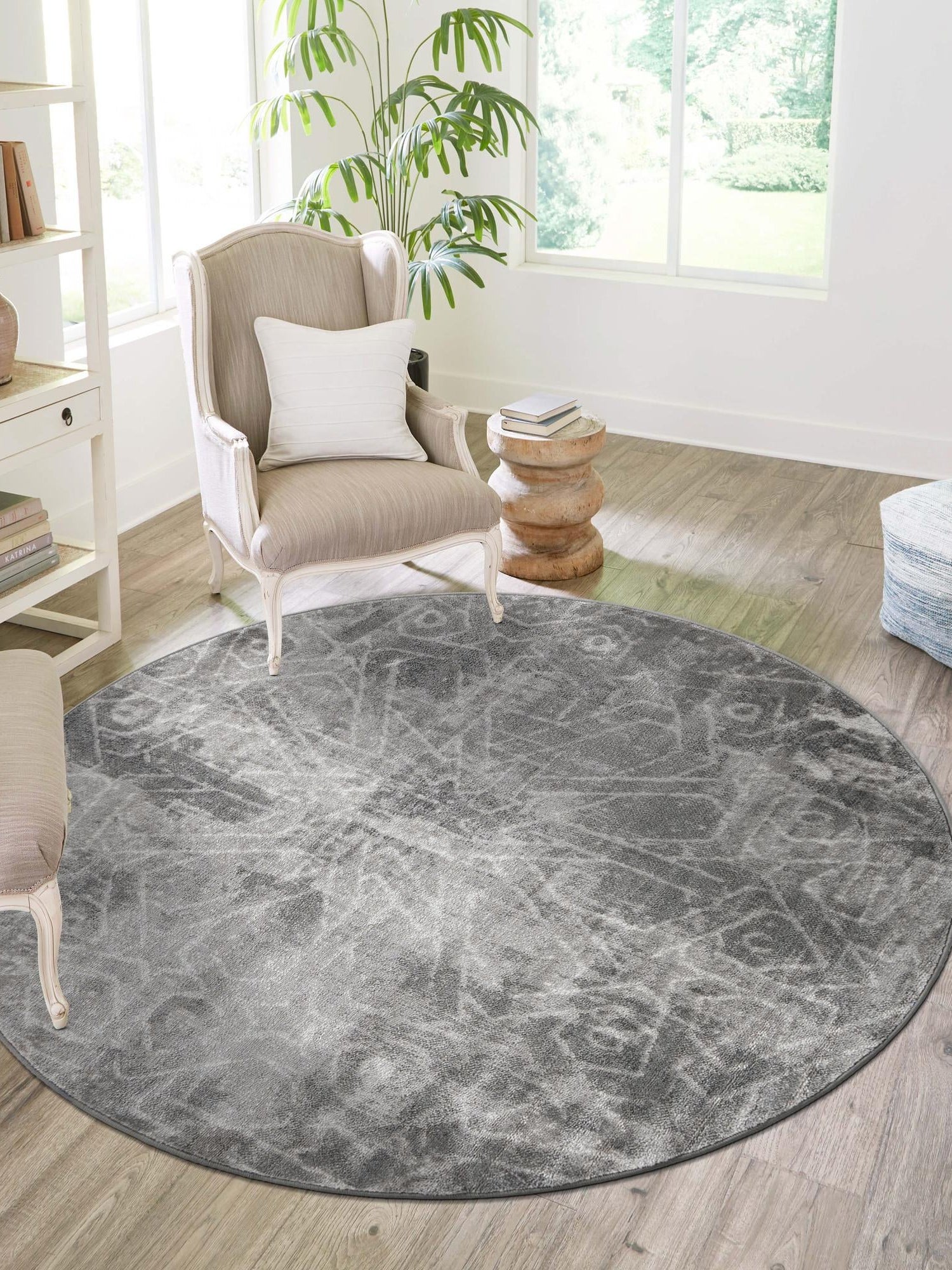 Dark Gray 7' 1 x 7' 1 Sofia Round Area Rug Durable Easy Clean Stain Resistant Unique Carpet for Affordable Interior Home Design for Sale at Rug Engine