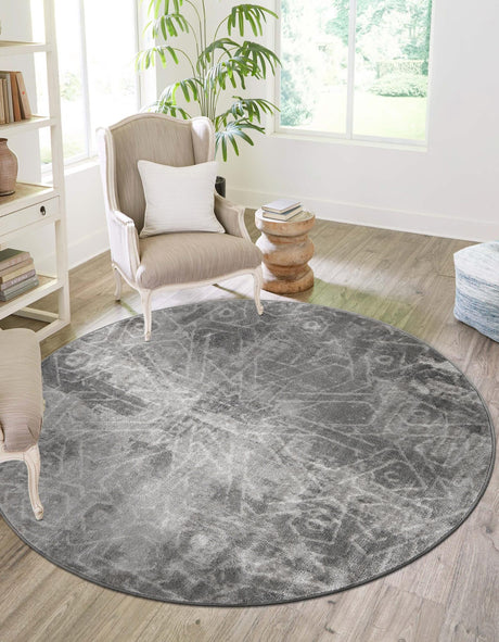 Dark Gray 7' 1 x 7' 1 Sofia Round Area Rug Durable Easy Clean Stain Resistant Unique Carpet for Affordable Interior Home Design for Sale at Rug Engine