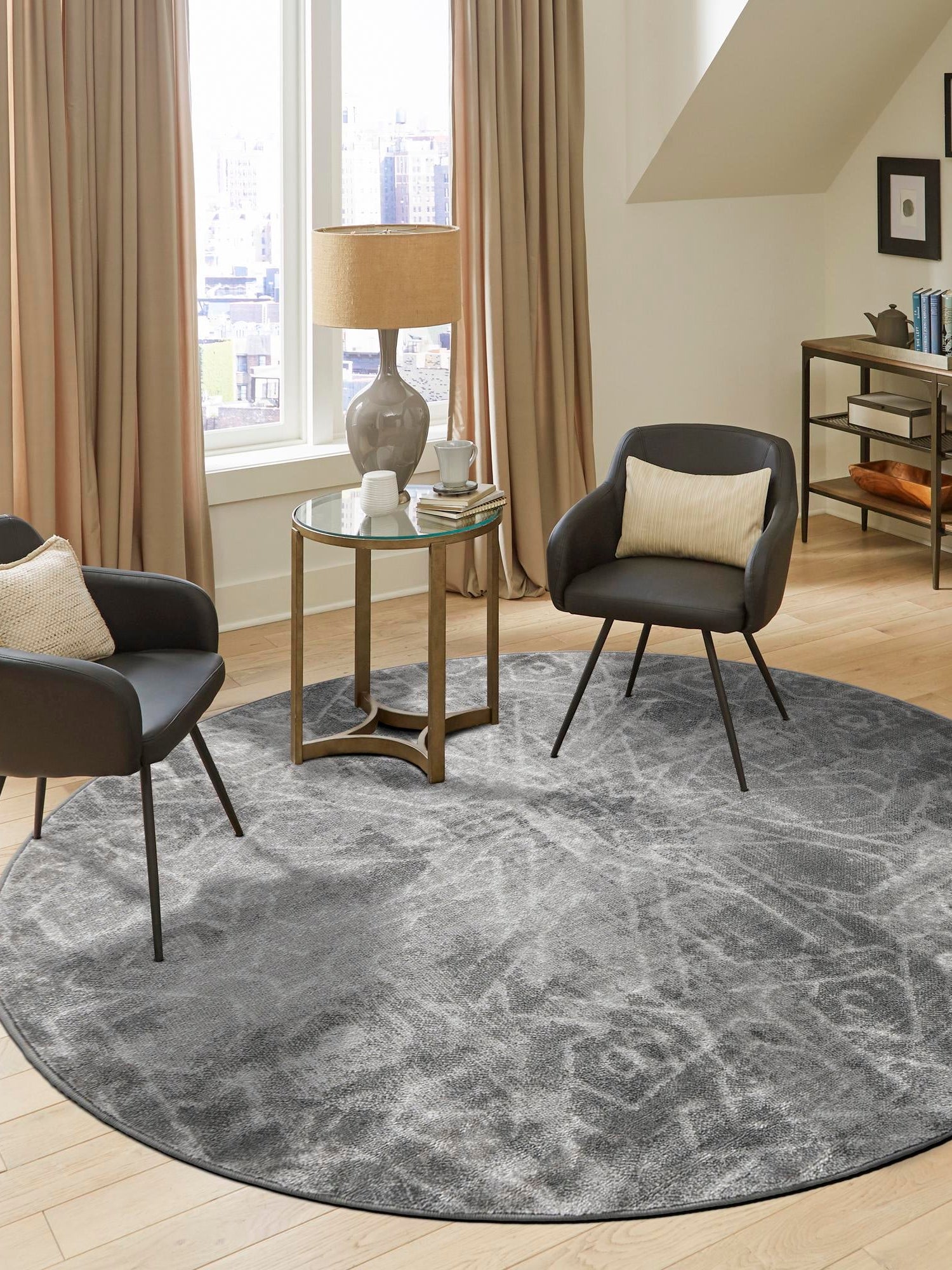 Dark Gray 5' 3 x 5' 3 Sofia Round Area Rug Durable Easy Clean Stain Resistant Unique Carpet for Affordable Interior Home Design for Sale at Rug Engine