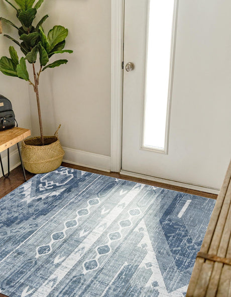Blue Gray 4' 1 x 4' 1 Portland Square Area Rug 85% Polypropylene & 15% Polyester Vintage Distressed Traditional Carpet for Home Decor for Sale at Rug Engine