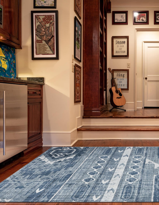 Blue Gray 6' 1 x 6' 1 Portland Square Area Rug 85% Polypropylene & 15% Polyester Vintage Distressed Traditional Carpet for Home Decor for Sale at Rug Engine