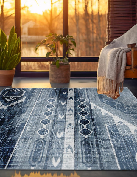 Blue Gray 7' 10 x 7' 10 Portland Square Area Rug 85% Polypropylene & 15% Polyester Vintage Distressed Traditional Carpet for Home Decor for Sale at Rug Engine