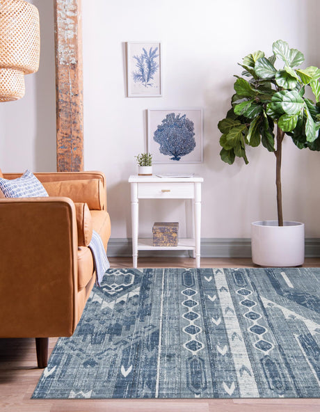 Blue Gray 4' 1 x 4' 1 Portland Square Area Rug 85% Polypropylene & 15% Polyester Vintage Distressed Traditional Carpet for Home Decor for Sale at Rug Engine