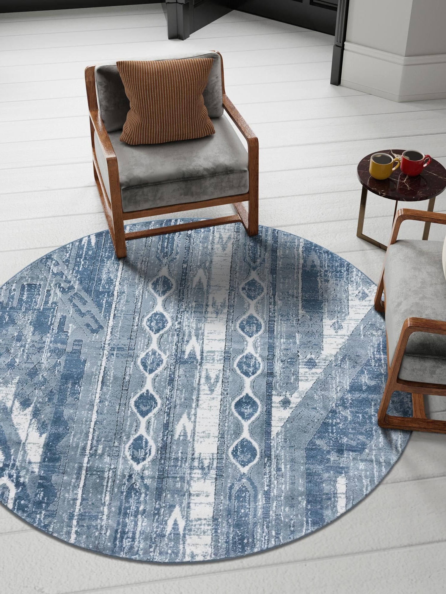Blue Gray 7' 1 x 7' 1 Portland Round Area Rug 85% Polypropylene & 15% Polyester Vintage Distressed Traditional Carpet for Home Decor for Sale at Rug Engine