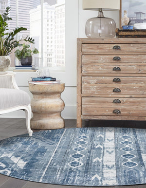 Blue Gray 7' 1 x 7' 1 Portland Round Area Rug 85% Polypropylene & 15% Polyester Vintage Distressed Traditional Carpet for Home Decor for Sale at Rug Engine