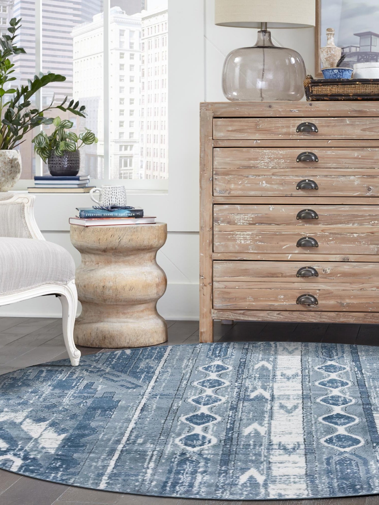 Blue Gray 5' 3 x 5' 3 Portland Round Area Rug 85% Polypropylene & 15% Polyester Vintage Distressed Traditional Carpet for Home Decor for Sale at Rug Engine