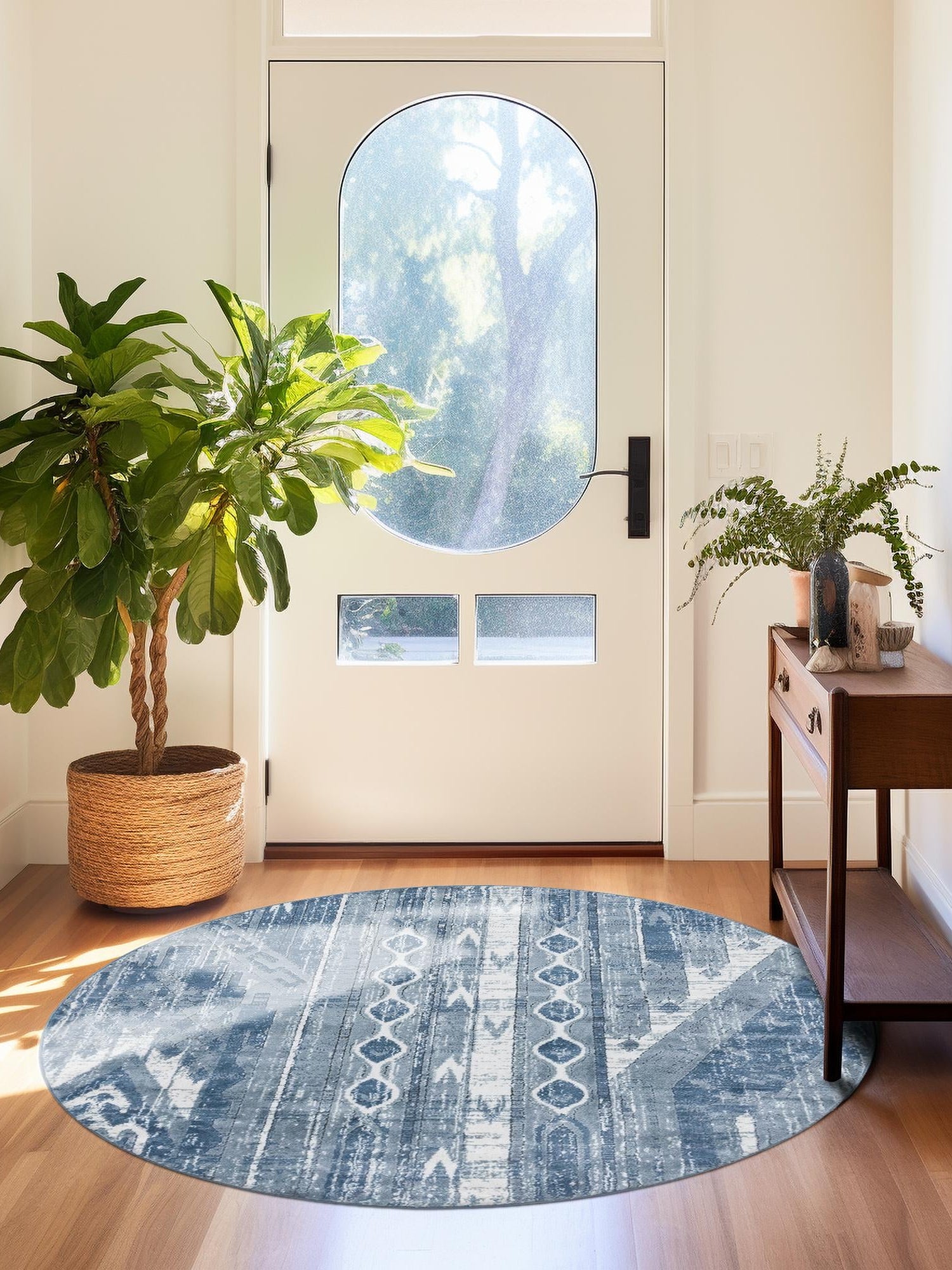 Blue Gray 7' 1 x 7' 1 Portland Round Area Rug 85% Polypropylene & 15% Polyester Vintage Distressed Traditional Carpet for Home Decor for Sale at Rug Engine