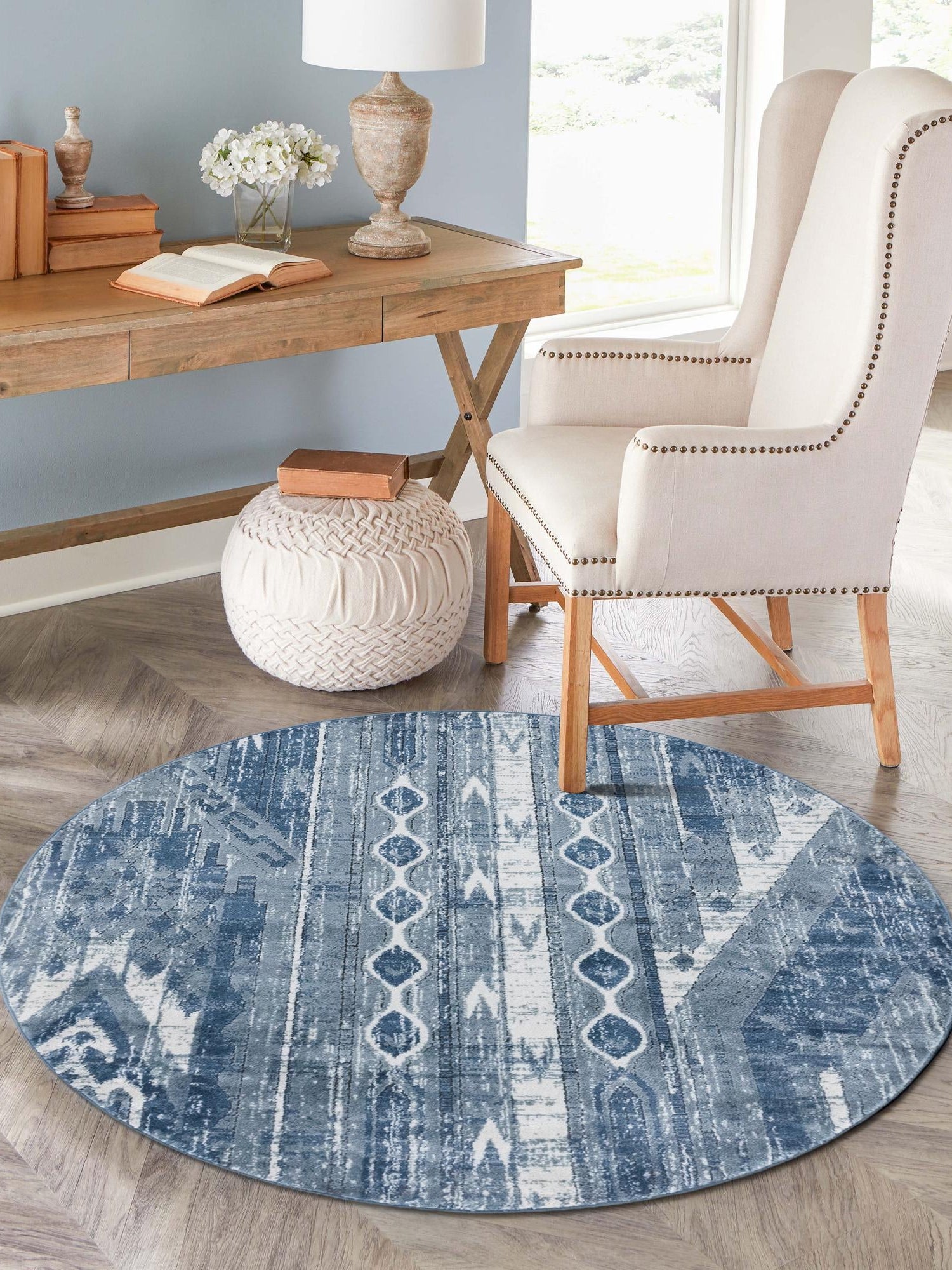 Blue Gray 7' 1 x 7' 1 Portland Round Area Rug 85% Polypropylene & 15% Polyester Vintage Distressed Traditional Carpet for Home Decor for Sale at Rug Engine
