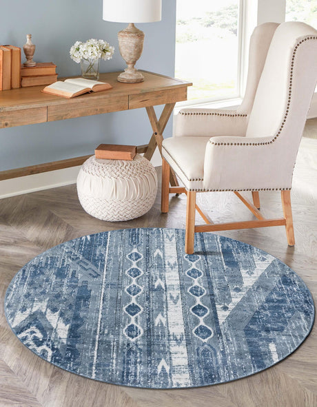 Blue Gray 7' 1 x 7' 1 Portland Round Area Rug 85% Polypropylene & 15% Polyester Vintage Distressed Traditional Carpet for Home Decor for Sale at Rug Engine