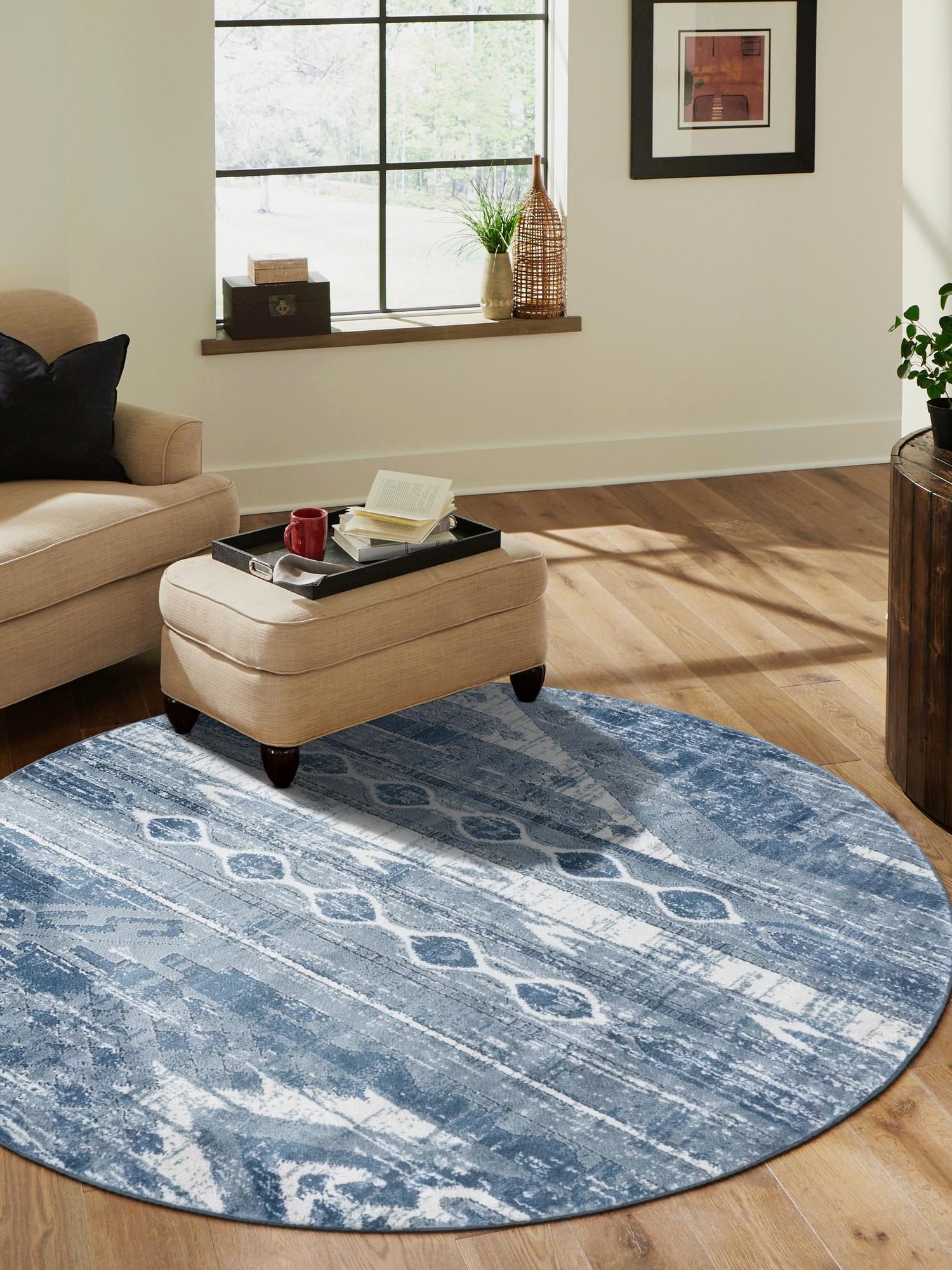 Blue Gray 7' 1 x 7' 1 Portland Round Area Rug 85% Polypropylene & 15% Polyester Vintage Distressed Traditional Carpet for Home Decor for Sale at Rug Engine
