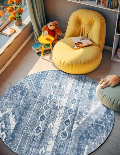 Blue Gray 5' 3 x 5' 3 Portland Round Area Rug 85% Polypropylene & 15% Polyester Vintage Distressed Traditional Carpet for Home Decor for Sale at Rug Engine