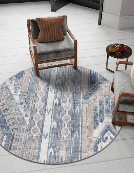 Navy Blue 5' 3 x 5' 3 Portland Round Area Rug 85% Polypropylene & 15% Polyester Vintage Distressed Traditional Carpet for Home Decor for Sale at Rug Engine