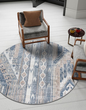 Navy Blue 7' 1 x 7' 1 Portland Round Area Rug 85% Polypropylene & 15% Polyester Vintage Distressed Traditional Carpet for Home Decor for Sale at Rug Engine