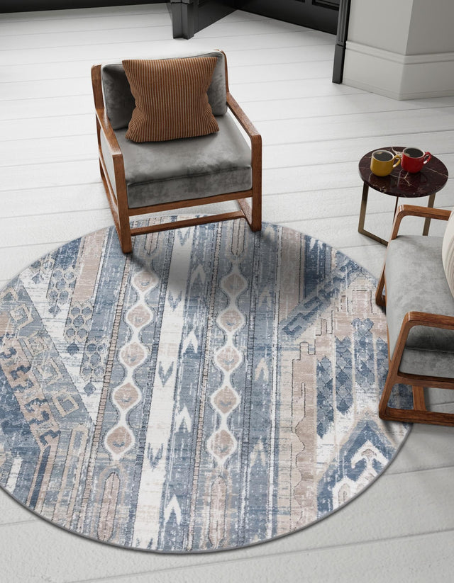 Navy Blue 7' 1 x 7' 1 Portland Round Area Rug 85% Polypropylene & 15% Polyester Vintage Distressed Traditional Carpet for Home Decor for Sale at Rug Engine