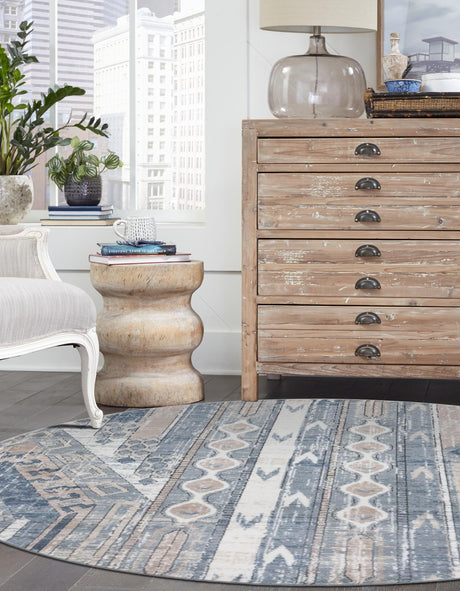 Navy Blue 5' 3 x 5' 3 Portland Round Area Rug 85% Polypropylene & 15% Polyester Vintage Distressed Traditional Carpet for Home Decor for Sale at Rug Engine