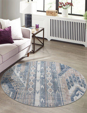 Navy Blue 7' 1 x 7' 1 Portland Round Area Rug 85% Polypropylene & 15% Polyester Vintage Distressed Traditional Carpet for Home Decor for Sale at Rug Engine