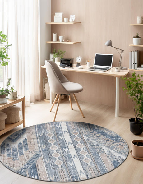 Navy Blue 3' 1 x 3' 1 Portland Round Area Rug 85% Polypropylene & 15% Polyester Vintage Distressed Traditional Carpet for Home Decor for Sale at Rug Engine