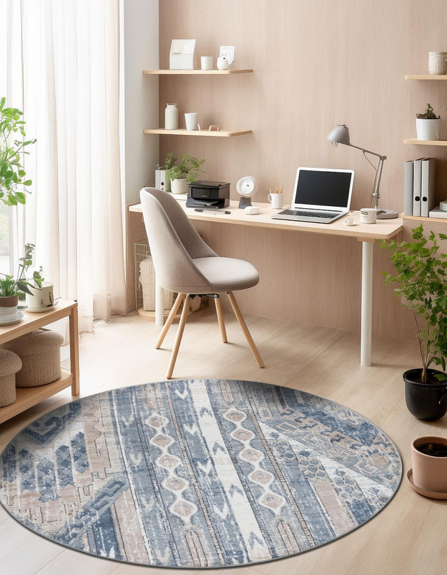 Navy Blue 5' 3 x 5' 3 Portland Round Area Rug 85% Polypropylene & 15% Polyester Vintage Distressed Traditional Carpet for Home Decor for Sale at Rug Engine