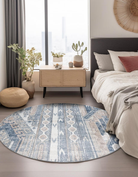 Navy Blue 5' 3 x 5' 3 Portland Round Area Rug 85% Polypropylene & 15% Polyester Vintage Distressed Traditional Carpet for Home Decor for Sale at Rug Engine