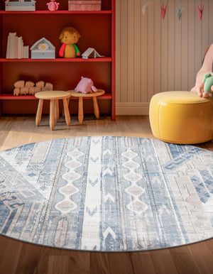 Navy Blue 5' 3 x 5' 3 Portland Round Area Rug 85% Polypropylene & 15% Polyester Vintage Distressed Traditional Carpet for Home Decor for Sale at Rug Engine