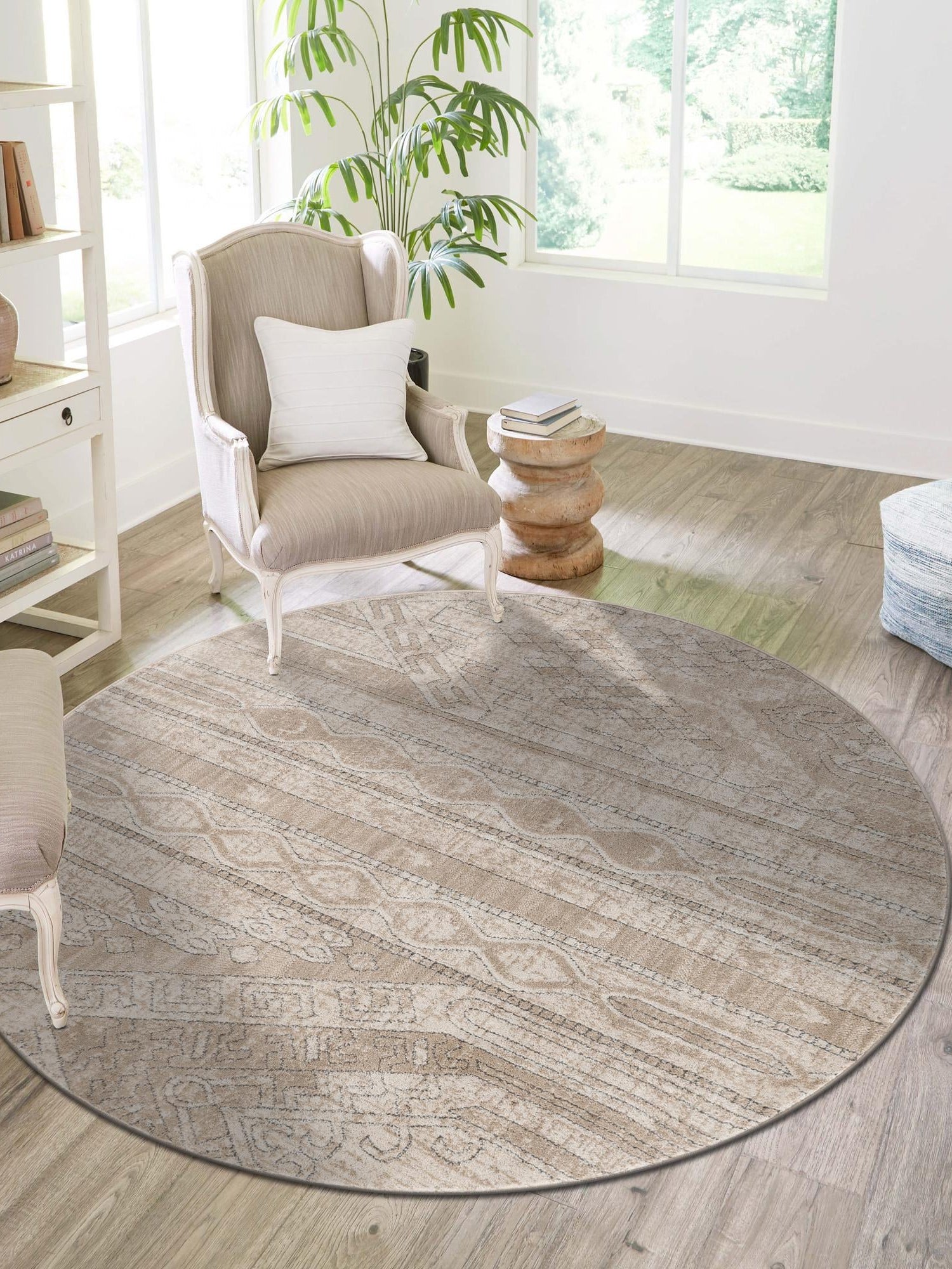 Ivory 5' 3 x 5' 3 Portland Round Area Rug 85% Polypropylene & 15% Polyester Vintage Distressed Traditional Carpet for Home Decor for Sale at Rug Engine