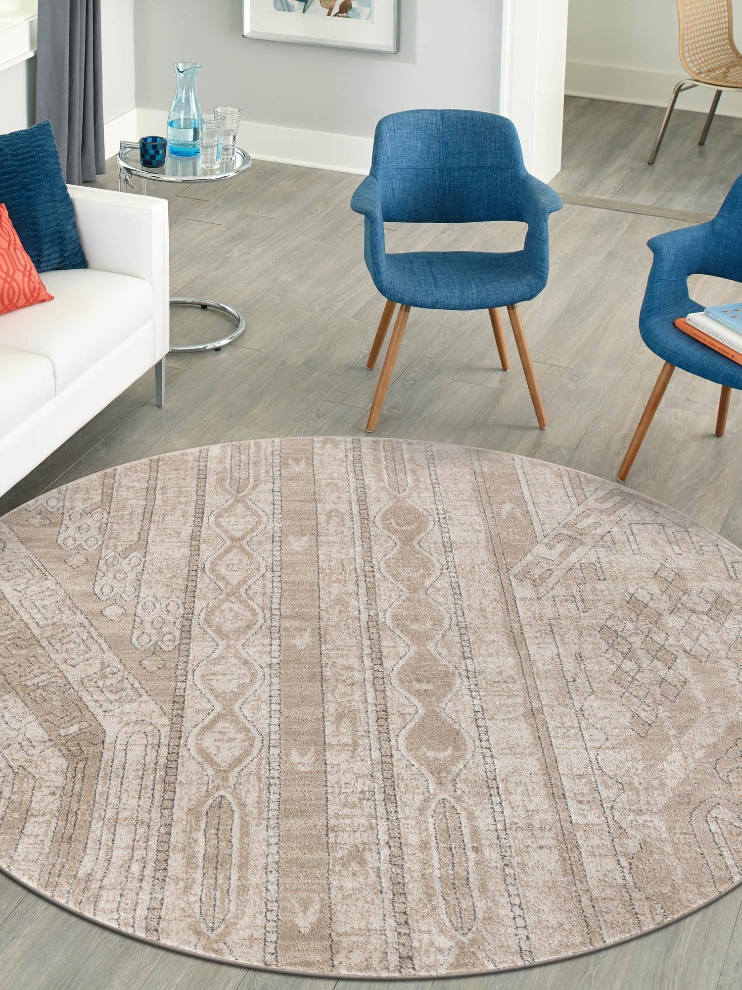 Ivory 5' 3 x 5' 3 Portland Round Area Rug 85% Polypropylene & 15% Polyester Vintage Distressed Traditional Carpet for Home Decor for Sale at Rug Engine