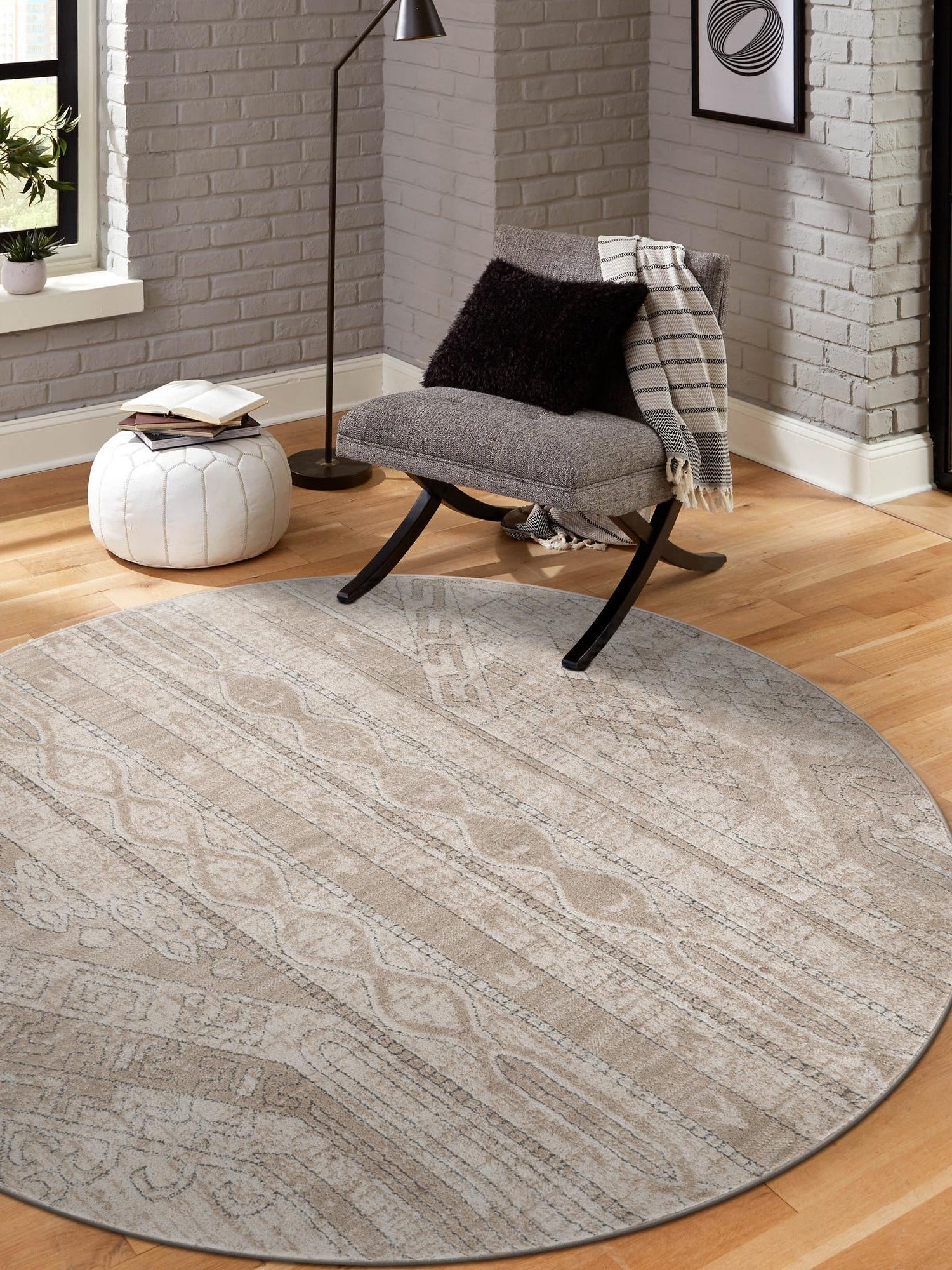 Ivory 7' 10 x 7' 10 Portland Round Area Rug 85% Polypropylene & 15% Polyester Vintage Distressed Traditional Carpet for Home Decor for Sale at Rug Engine