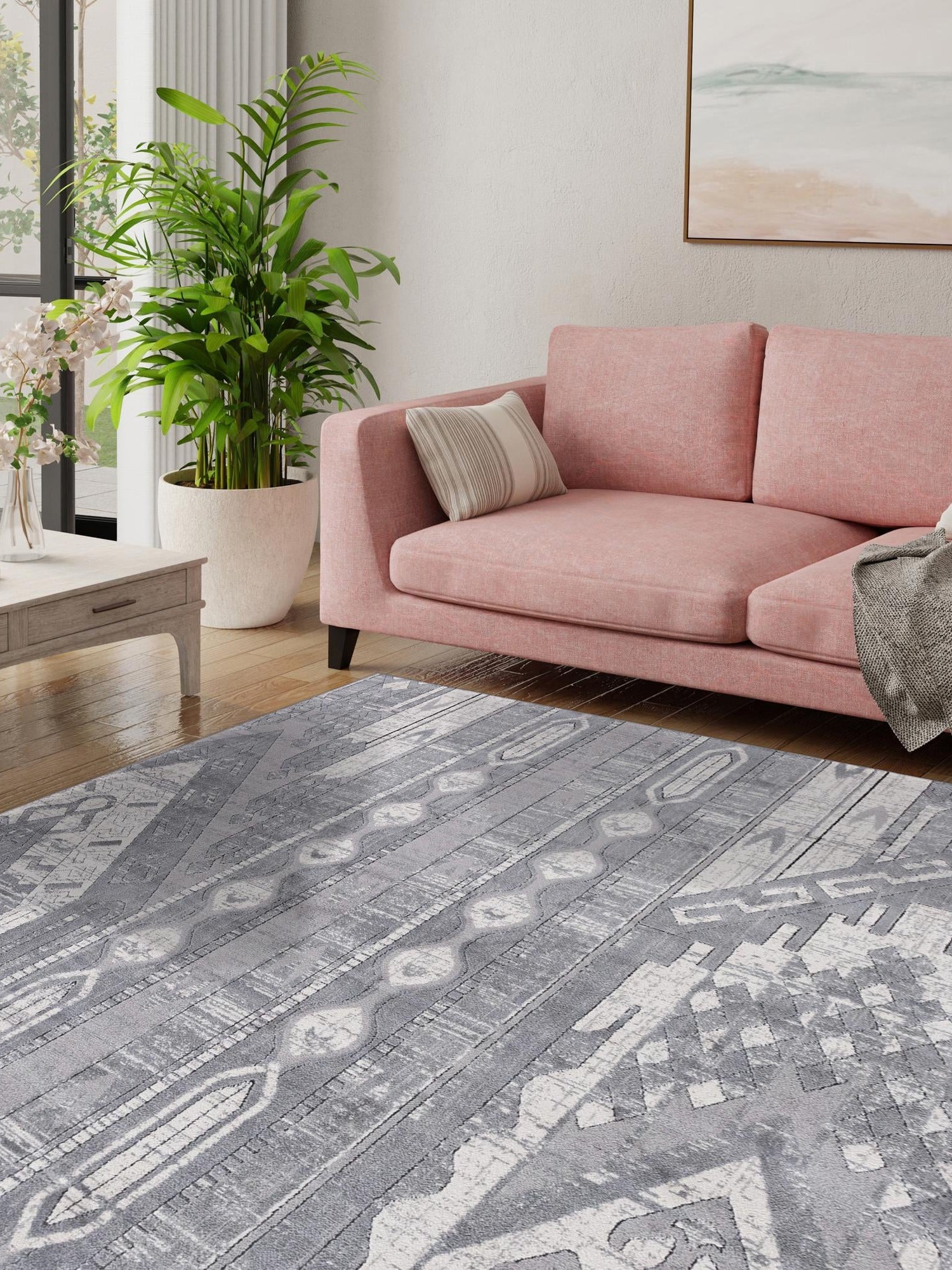 Gray 4' 1 x 4' 1 Portland Square Area Rug 85% Polypropylene & 15% Polyester Vintage Distressed Traditional Carpet for Home Decor for Sale at Rug Engine