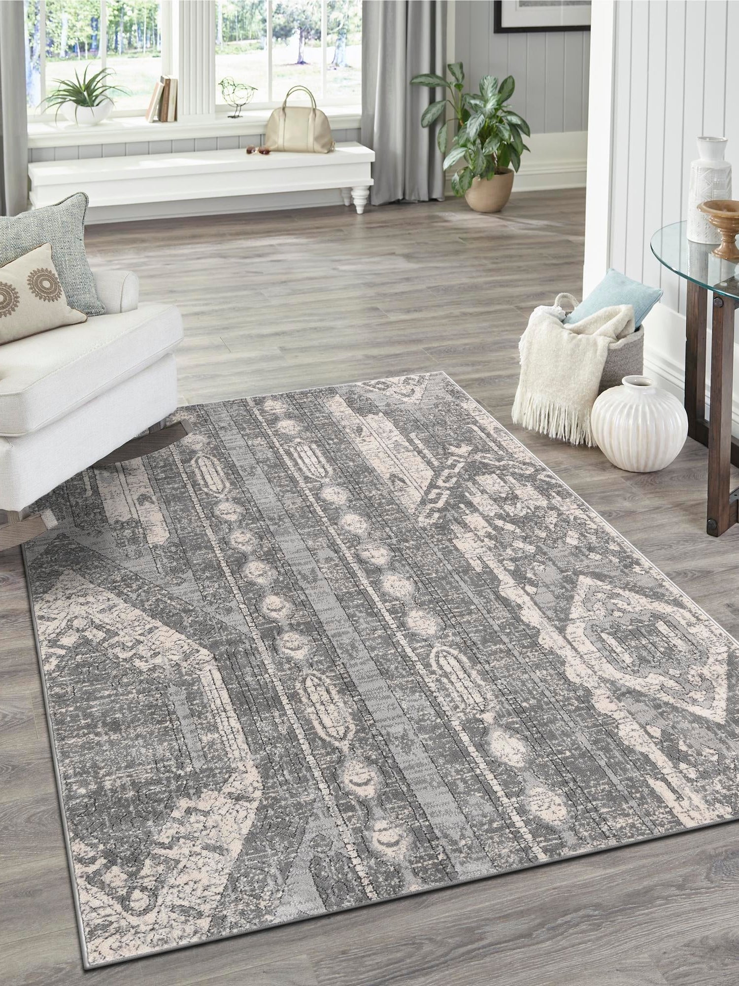 Gray 7' 10 x 10' Portland Rectangle Area Rug 85% Polypropylene & 15% Polyester Vintage Distressed Traditional Carpet for Home Decor for Sale at Rug Engine