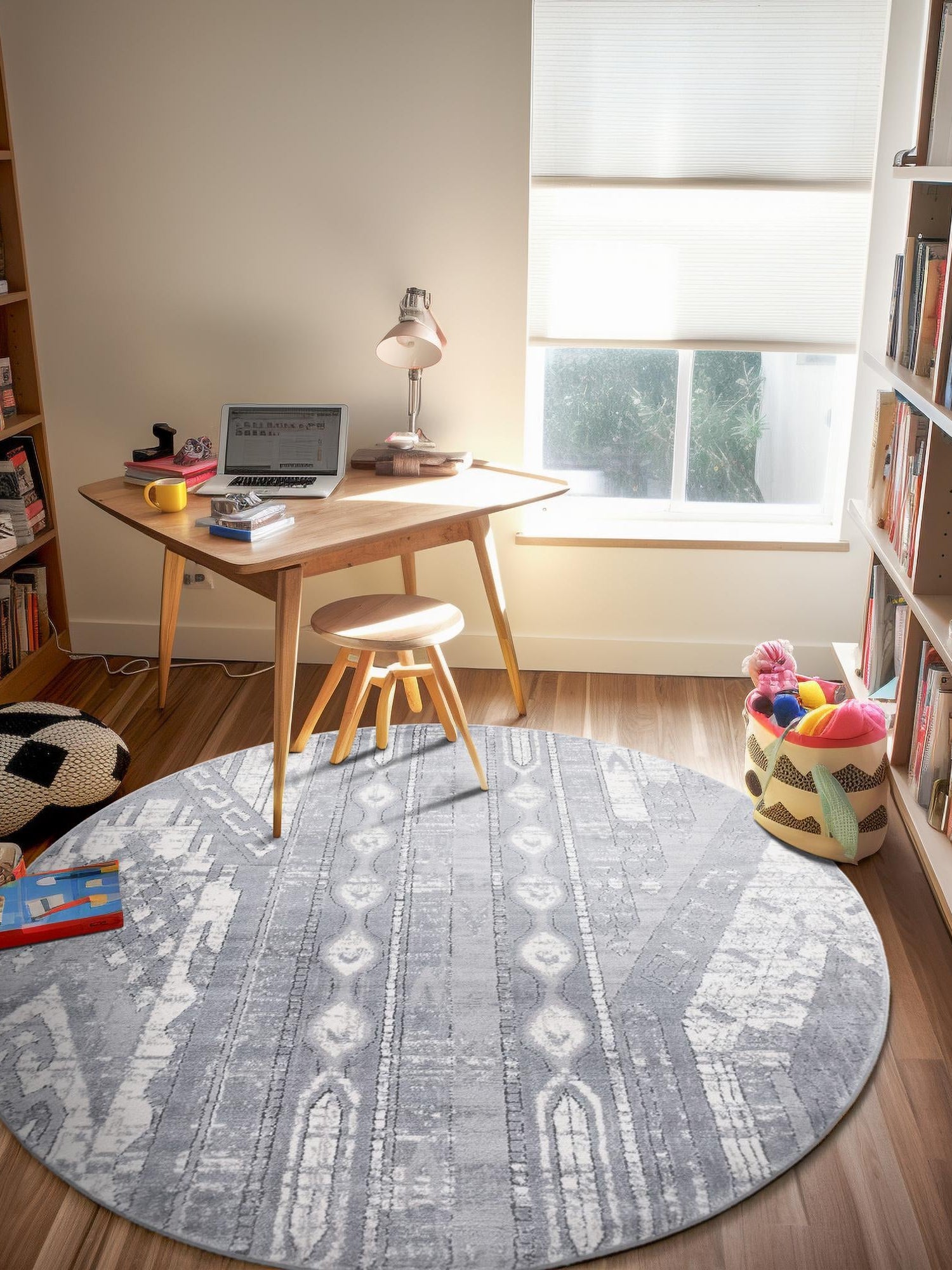 Gray 3' 1 x 3' 1 Portland Round Area Rug 85% Polypropylene & 15% Polyester Vintage Distressed Traditional Carpet for Home Decor for Sale at Rug Engine