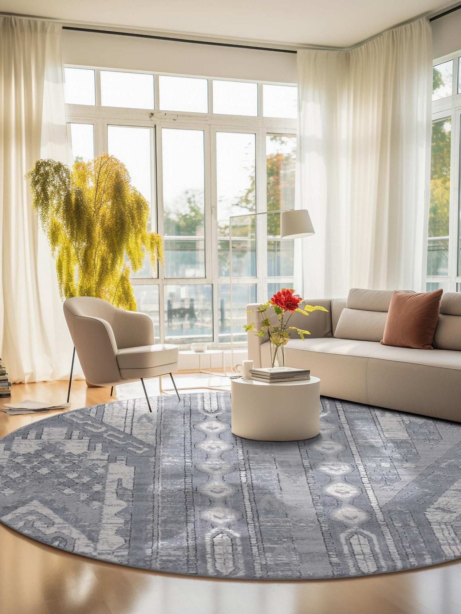Gray 3' 1 x 3' 1 Portland Round Area Rug 85% Polypropylene & 15% Polyester Vintage Distressed Traditional Carpet for Home Decor for Sale at Rug Engine