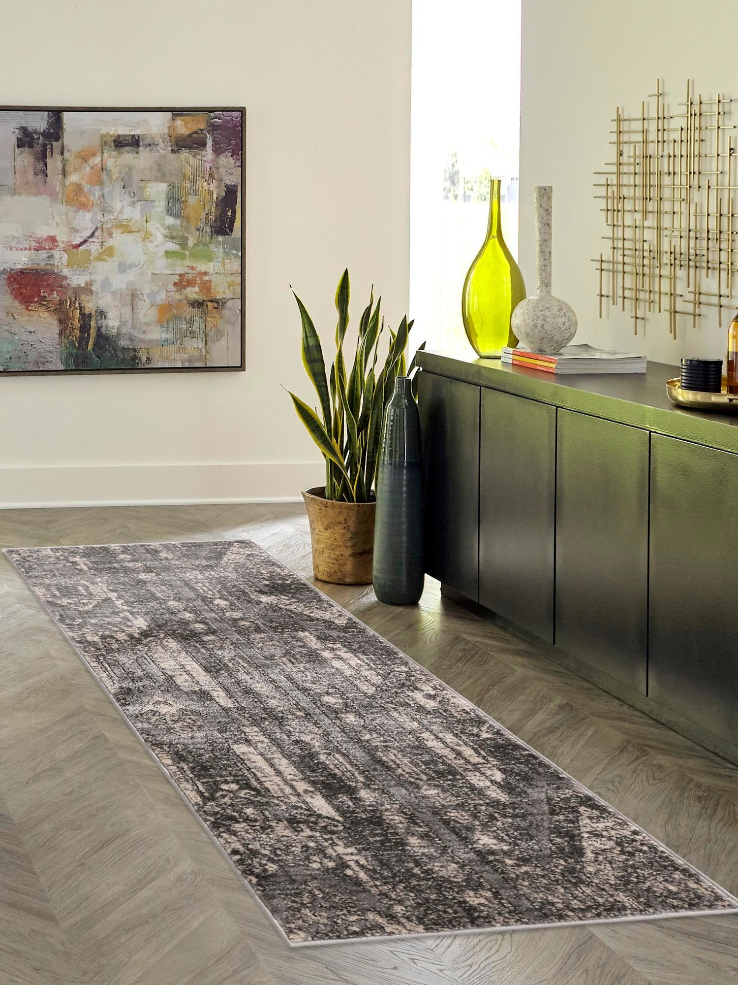 Gray 2' 2 x 12' Portland Runner Area Rug 85% Polypropylene & 15% Polyester Vintage Distressed Traditional Carpet for Home Decor for Sale at Rug Engine