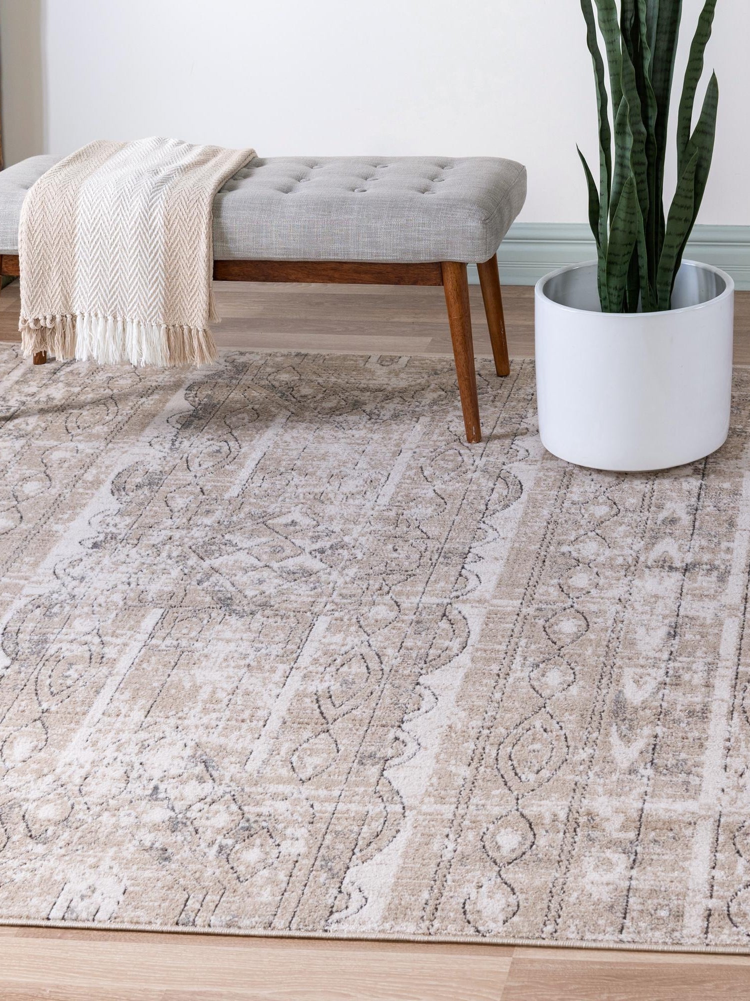 Ivory 6' 1 x 6' 1 Portland Square Area Rug 85% Polypropylene & 15% Polyester Vintage Distressed Traditional Carpet for Home Decor for Sale at Rug Engine