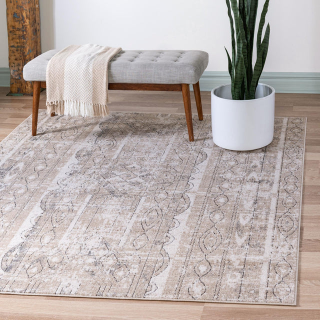 Ivory 6' 1 x 6' 1 Portland Square Area Rug 85% Polypropylene & 15% Polyester Vintage Distressed Traditional Carpet for Home Decor for Sale at Rug Engine