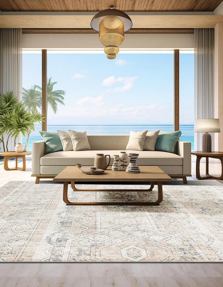 Ivory 7' 10 x 7' 10 Portland Square Area Rug 85% Polypropylene & 15% Polyester Vintage Distressed Traditional Carpet for Home Decor for Sale at Rug Engine