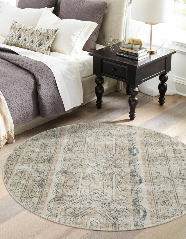 Ivory 7' 1 x 7' 1 Portland Round Area Rug 85% Polypropylene & 15% Polyester Vintage Distressed Traditional Carpet for Home Decor for Sale at Rug Engine
