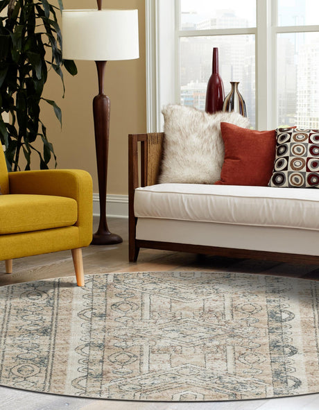 Ivory 5' 3 x 5' 3 Portland Round Area Rug 85% Polypropylene & 15% Polyester Vintage Distressed Traditional Carpet for Home Decor for Sale at Rug Engine