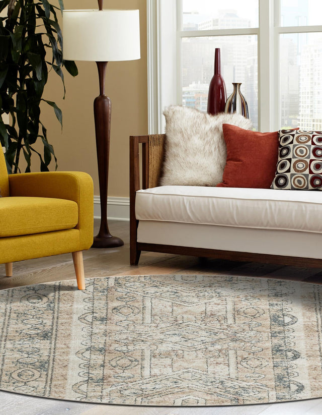 Ivory 7' 1 x 7' 1 Portland Round Area Rug 85% Polypropylene & 15% Polyester Vintage Distressed Traditional Carpet for Home Decor for Sale at Rug Engine