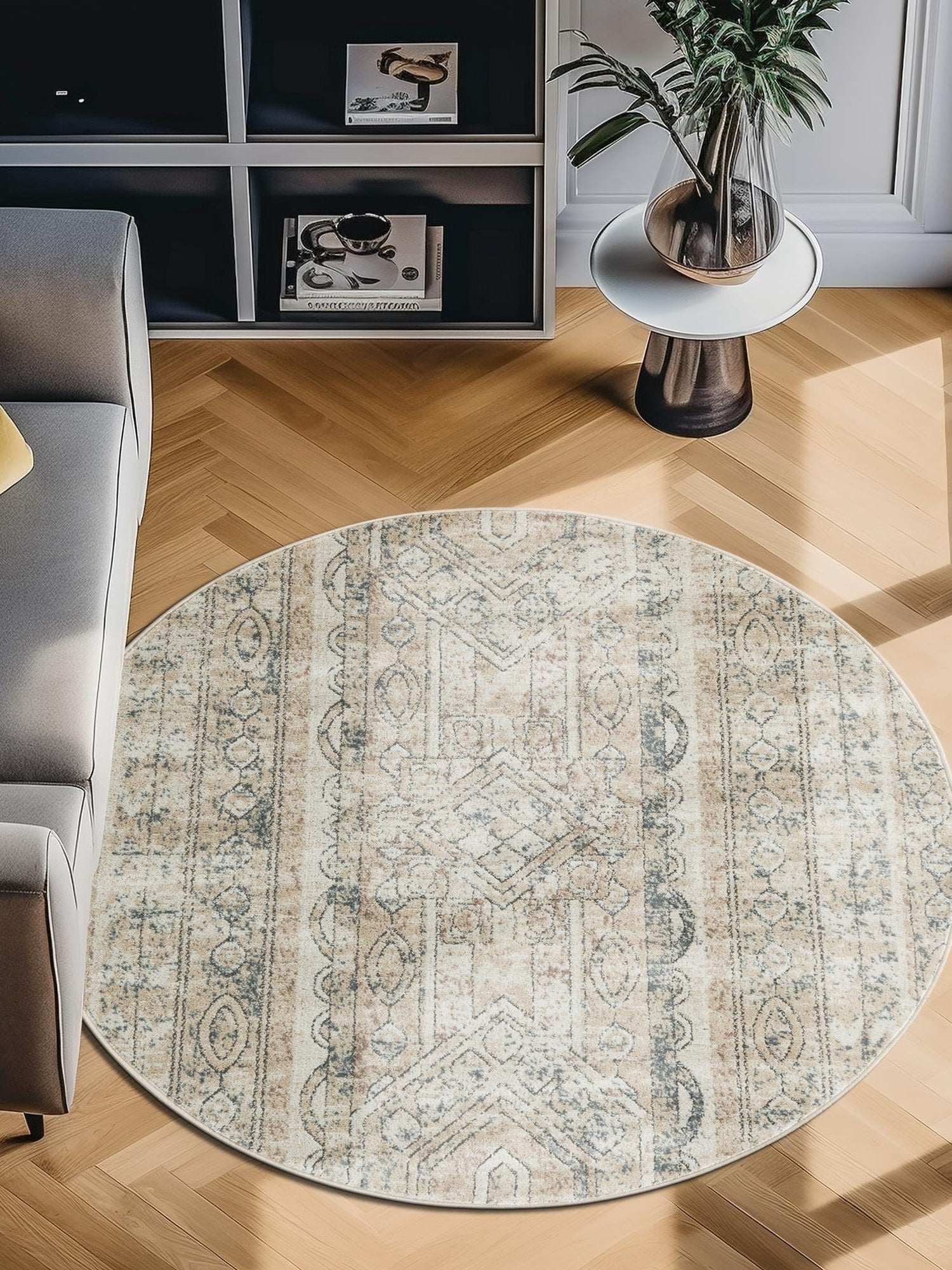 Ivory 7' 1 x 7' 1 Portland Round Area Rug 85% Polypropylene & 15% Polyester Vintage Distressed Traditional Carpet for Home Decor for Sale at Rug Engine