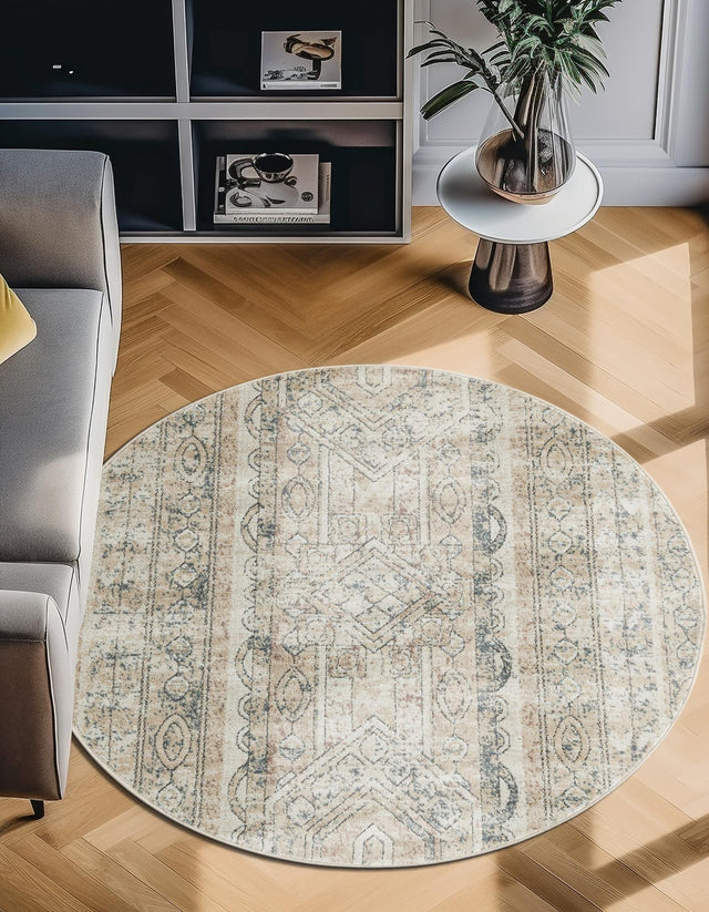 Ivory 3' 1 x 3' 1 Portland Round Area Rug 85% Polypropylene & 15% Polyester Vintage Distressed Traditional Carpet for Home Decor for Sale at Rug Engine