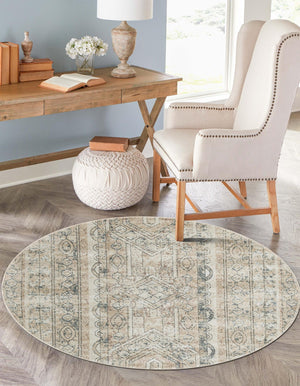 Ivory 5' 3 x 5' 3 Portland Round Area Rug 85% Polypropylene & 15% Polyester Vintage Distressed Traditional Carpet for Home Decor for Sale at Rug Engine